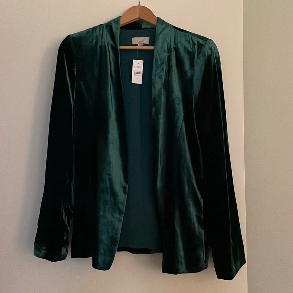Loft Emerald Green Velvet Open Front Blazer Jacket